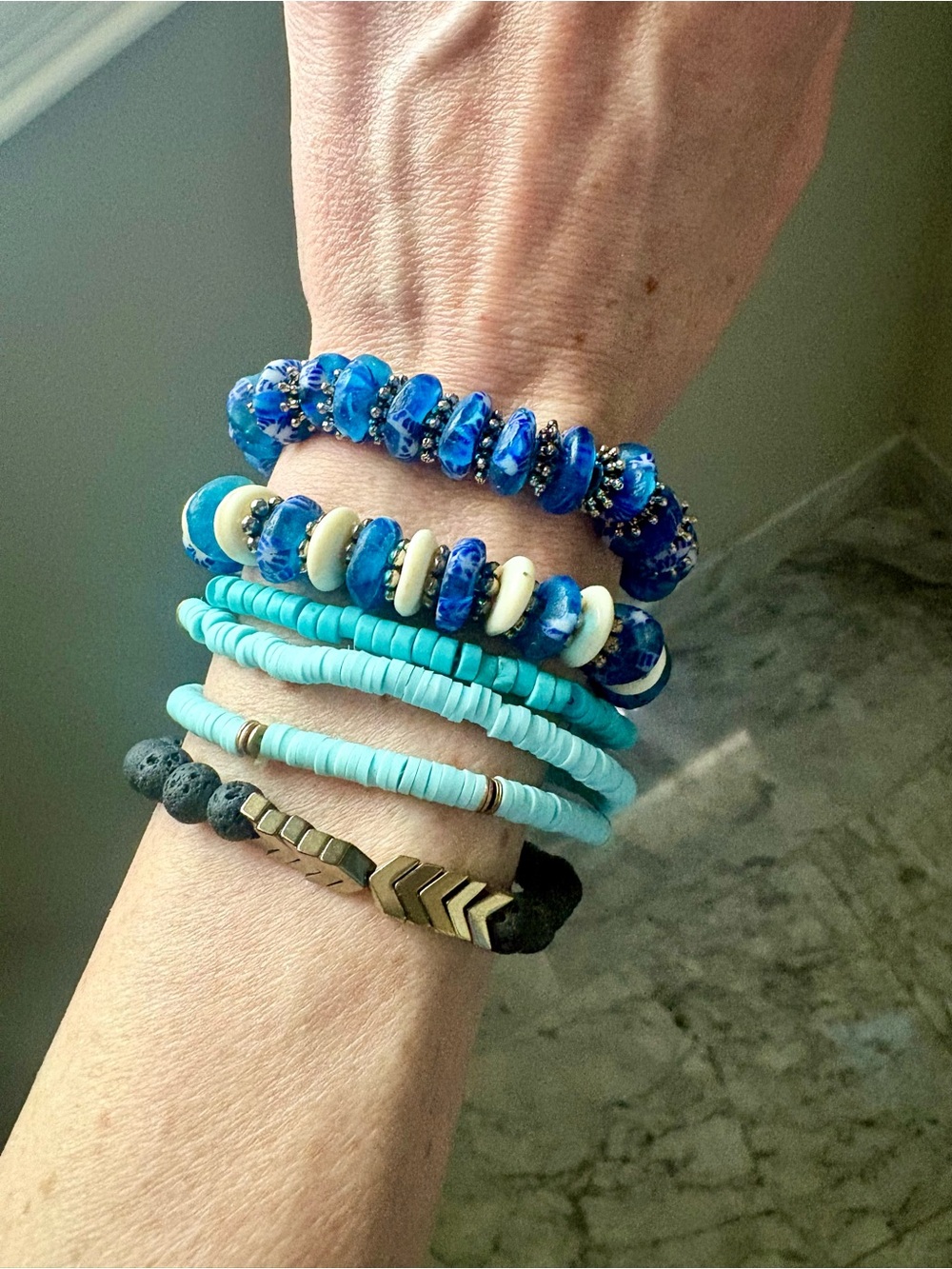 6 BRACELETS: Turquoise & Blue Stacked Beaded Bracelet Set - Women Jewelry